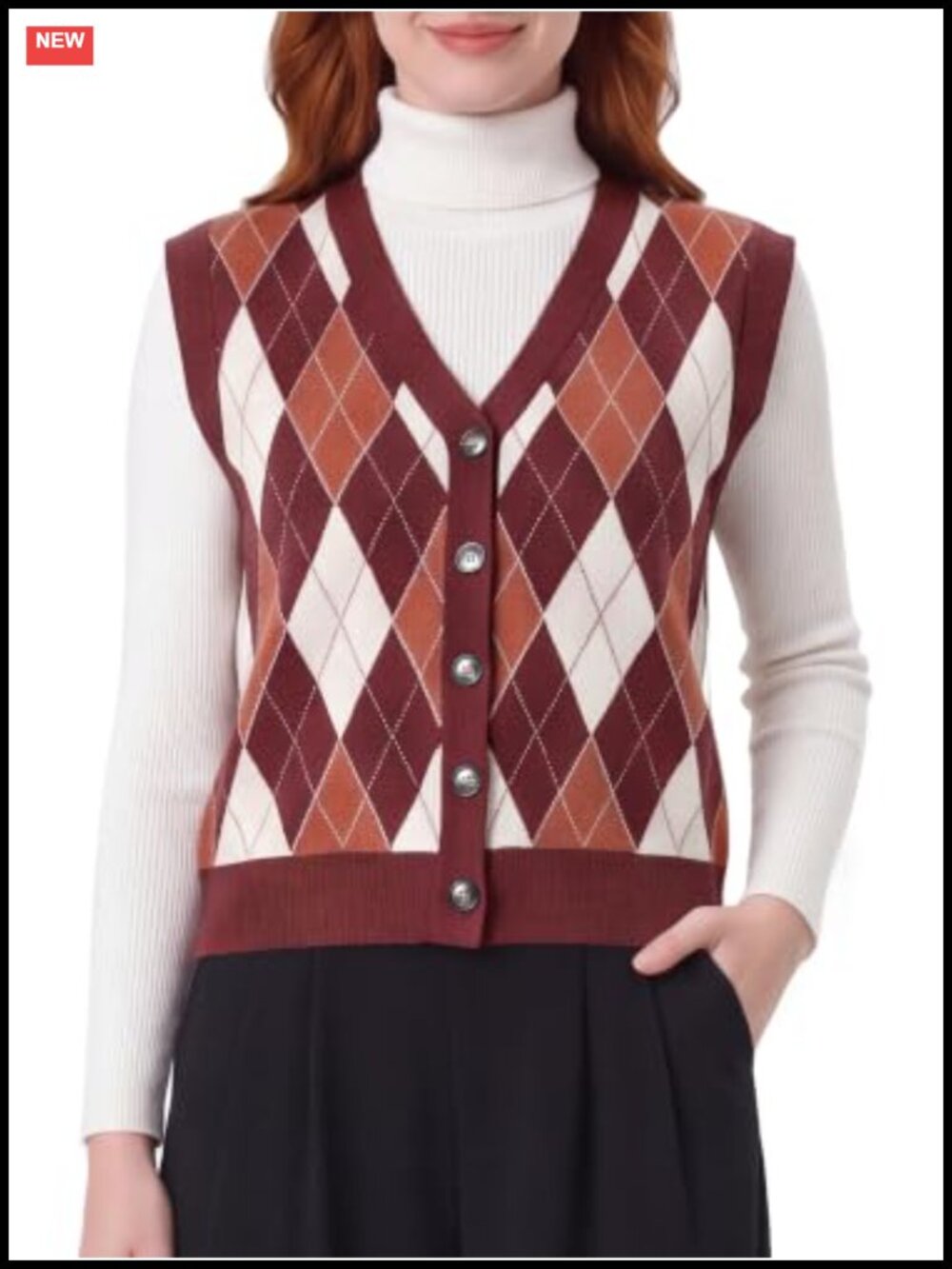 Sleeveless Argyle Button Down Sweater Vest V-Neck Knit Layering Top
